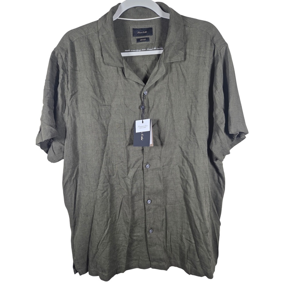 Porter & Ash Men XL Linen Blend Short Sleeve Camp Collar Button Down Shirt Olive